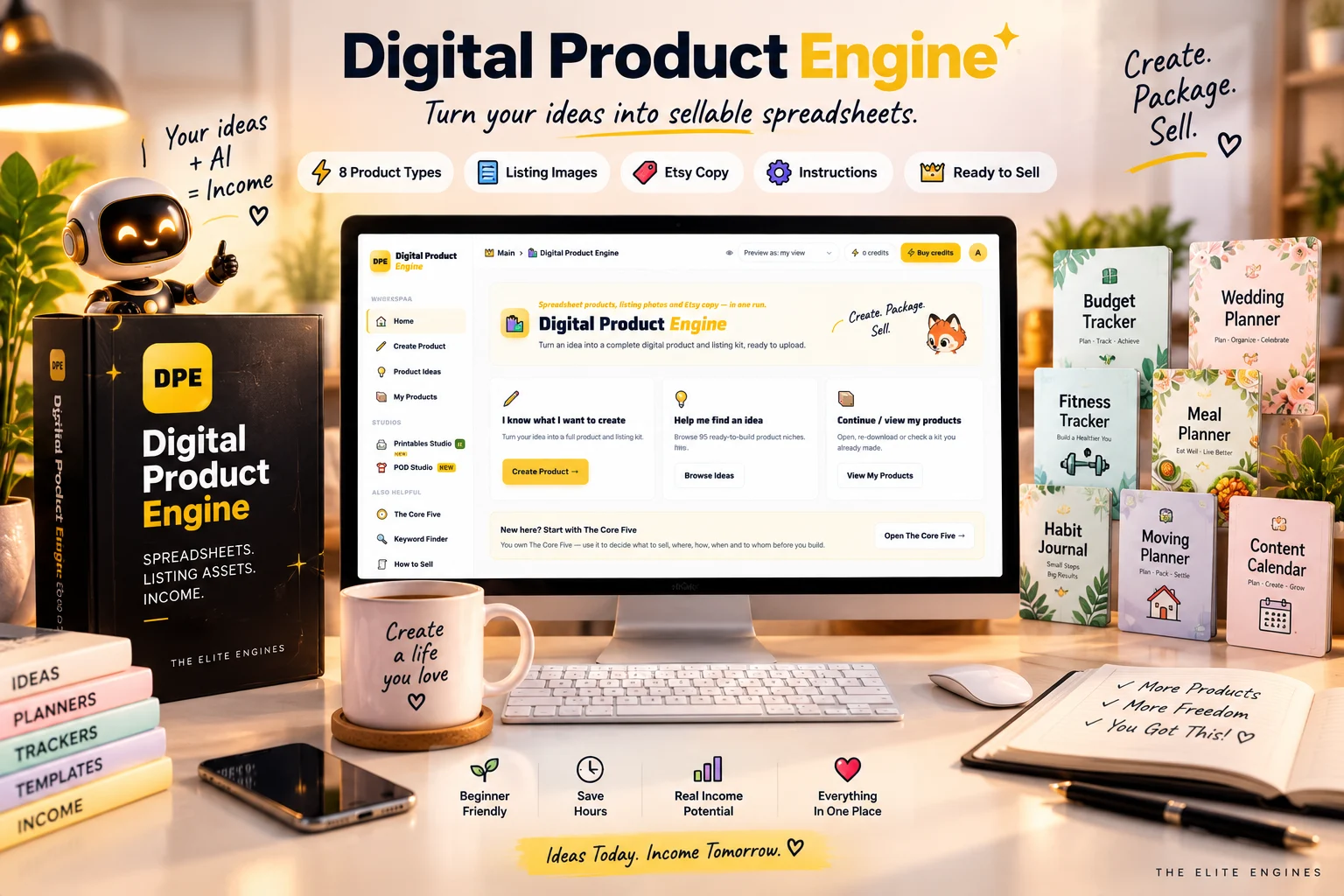 Digital Product Engine dashboard for creating Etsy-ready spreadsheet products and listing content